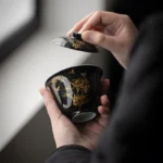 Black and Gold Hand-Painted Bamboo Polished Ceramic Tea Set