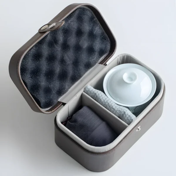 China porcelain tea set with celadon blue travel gaiwan and loose leaf tea travel cup in a compact case.