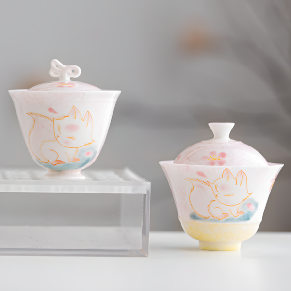 Two fox gaiwan tea sets, part of cute tea sets for girls and elegant china porcelain tea sets with soft pastel colors.