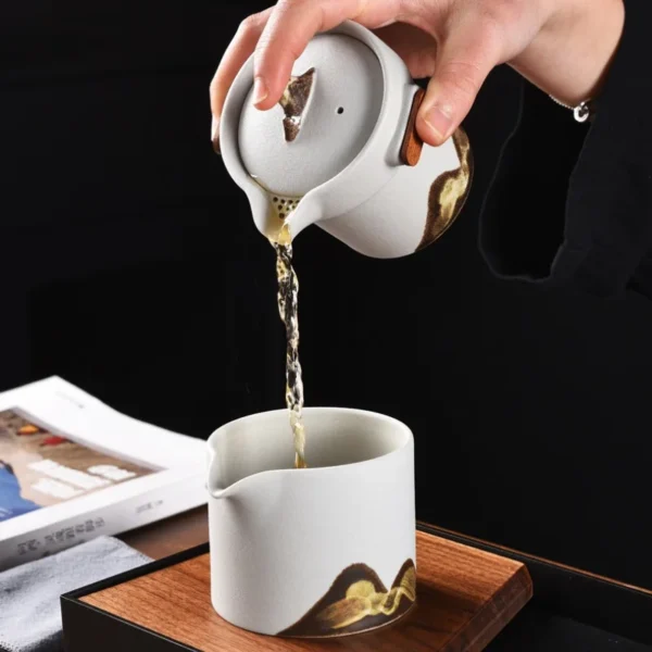 Chinese ceramic tea brewer featuring an antique tea strainer, ceramic fair cup, and tea filter for a refined tea experience